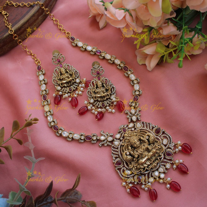 Stunning Lakshmi Peacock carved pendant victorian AD short necklace with mint green beads - Sparkle and Glow - Mintgreen - Back Thread