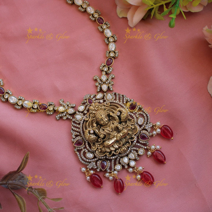 Stunning Lakshmi Peacock carved pendant victorian AD short necklace with mint green beads - Sparkle and Glow - Green - Back Thread