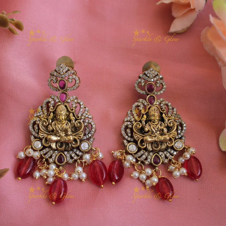 Stunning Lakshmi Peacock carved pendant victorian AD short necklace with mint green beads - Sparkle and Glow - Red - Back Thread