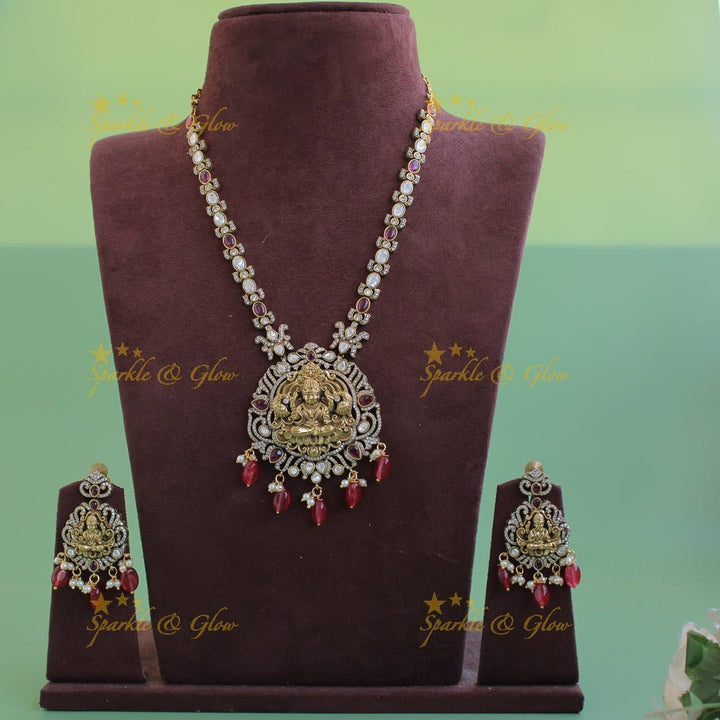 Stunning Lakshmi Peacock carved pendant victorian AD short necklace with mint green beads - Sparkle and Glow - Babypink - Back Thread