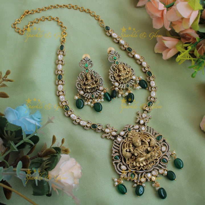 Stunning Lakshmi Peacock carved pendant victorian AD short necklace with mint green beads - Sparkle and Glow - Mintgreen - Back Thread