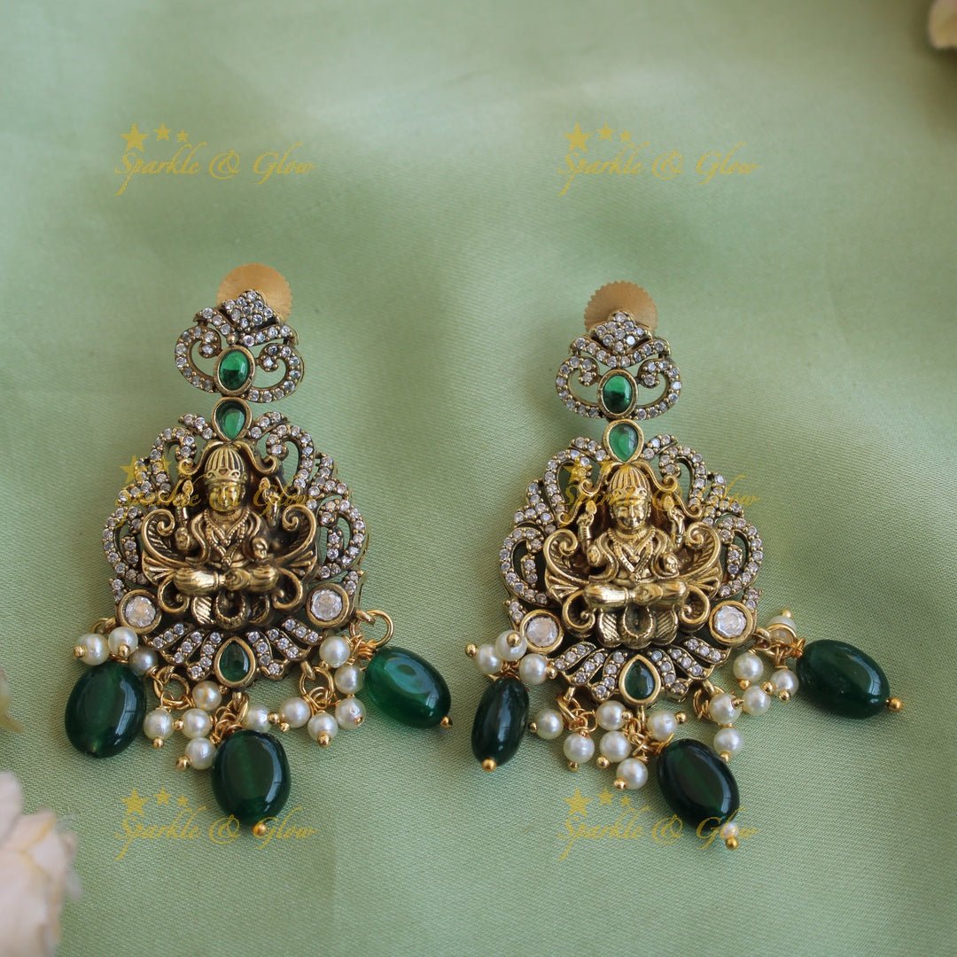 Stunning Lakshmi Peacock carved pendant victorian AD short necklace with mint green beads - Sparkle and Glow - Green - Back Thread