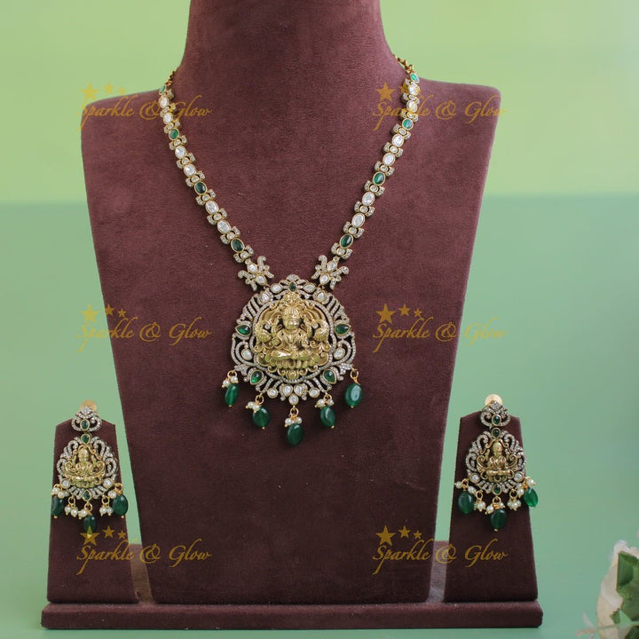 Stunning Lakshmi Peacock carved pendant victorian AD short necklace with mint green beads - Sparkle and Glow - Mintgreen - Back Thread