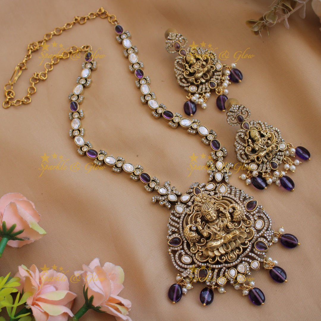 Stunning Lakshmi Peacock carved pendant victorian AD short necklace with mint green beads - Sparkle and Glow - Red - Back Thread