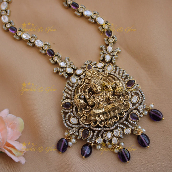 Stunning Lakshmi Peacock carved pendant victorian AD short necklace with mint green beads - Sparkle and Glow - Purple - Back Thread