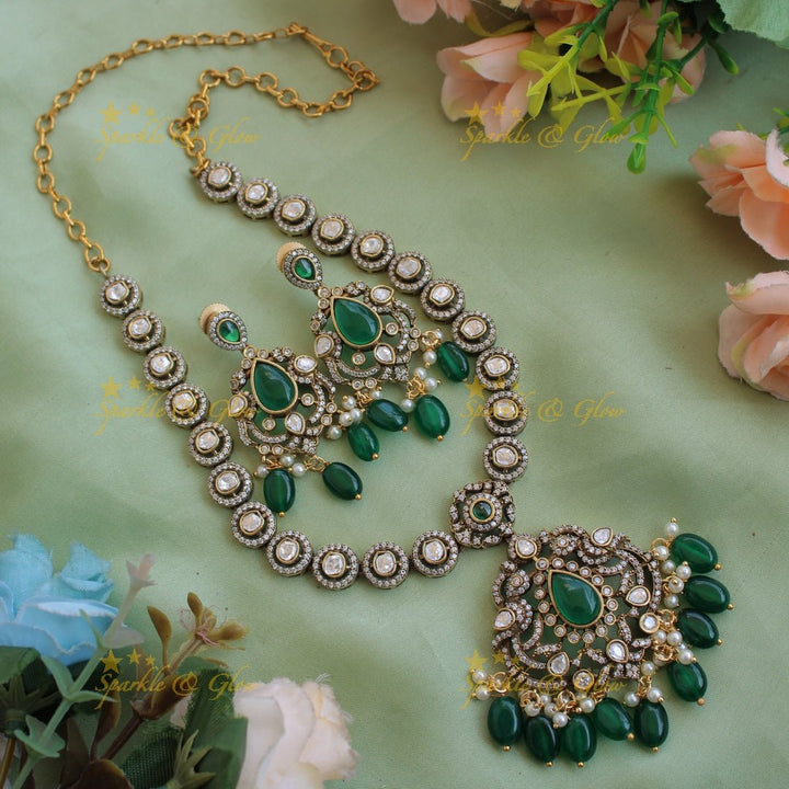 Beautiful Peacock floral pendant victorian AD short necklace with pearls and green beads - Sparkle and Glow - Mintgreen - Back Thread