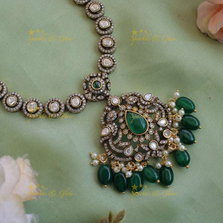 Beautiful Peacock floral pendant victorian AD short necklace with pearls and green beads - Sparkle and Glow - Green - Back Thread