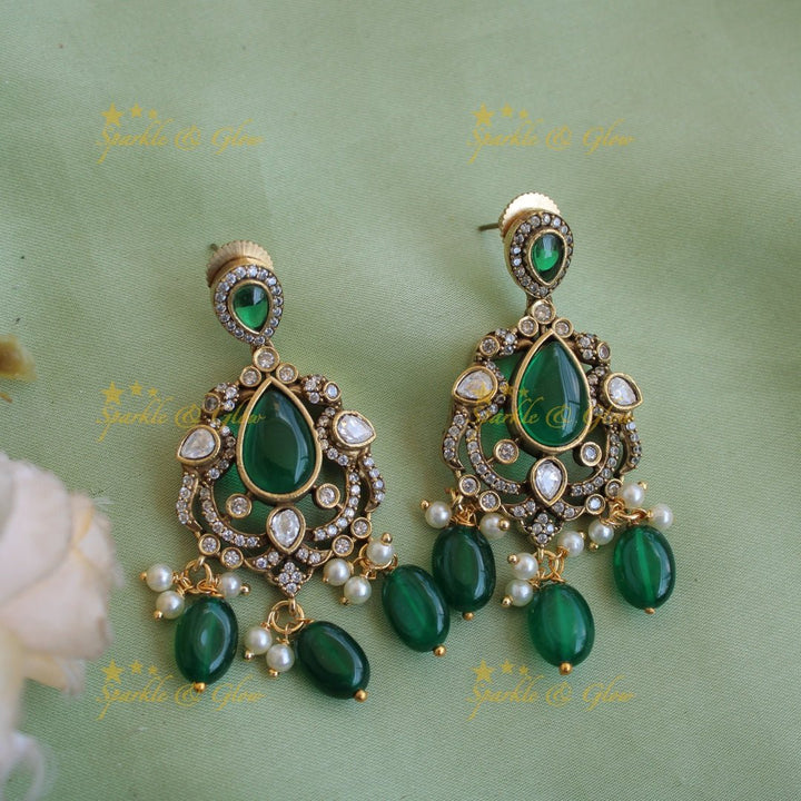 Beautiful Peacock floral pendant victorian AD short necklace with pearls and green beads - Sparkle and Glow - Red - Back Thread