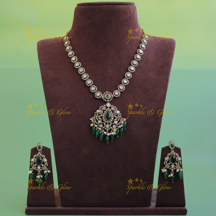 Beautiful Peacock floral pendant victorian AD short necklace with pearls and green beads - Sparkle and Glow - Purple - Back Thread