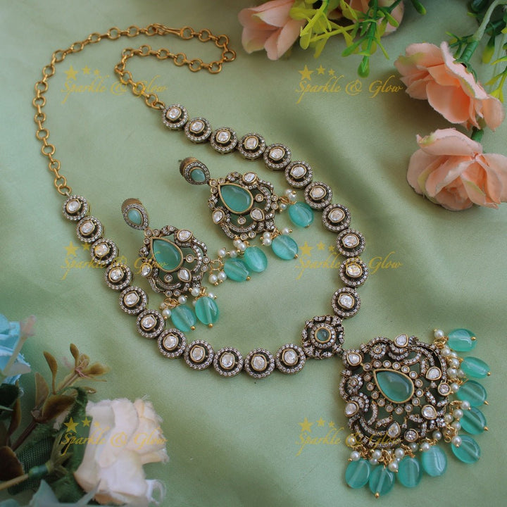 Beautiful Peacock floral pendant victorian AD short necklace with pearls and green beads - Sparkle and Glow - Purple - Back Thread