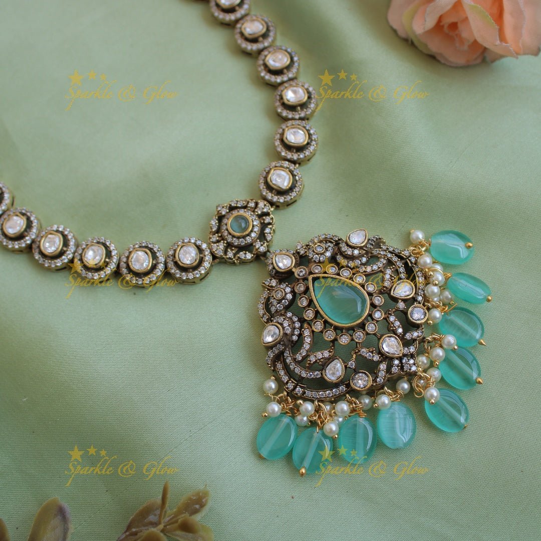 Beautiful Peacock floral pendant victorian AD short necklace with pearls and green beads - Sparkle and Glow - Purple - Back Thread