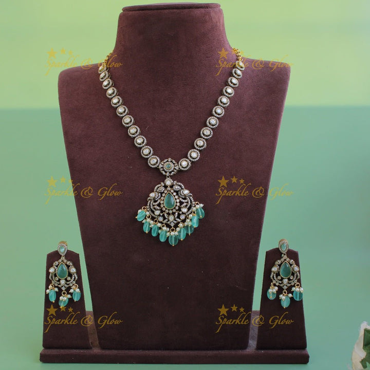 Beautiful Peacock floral pendant victorian AD short necklace with pearls and green beads - Sparkle and Glow - Red - Back Thread