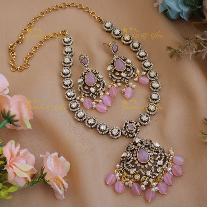 Beautiful Peacock floral pendant victorian AD short necklace with pearls and green beads - Sparkle and Glow - Red - Back Thread