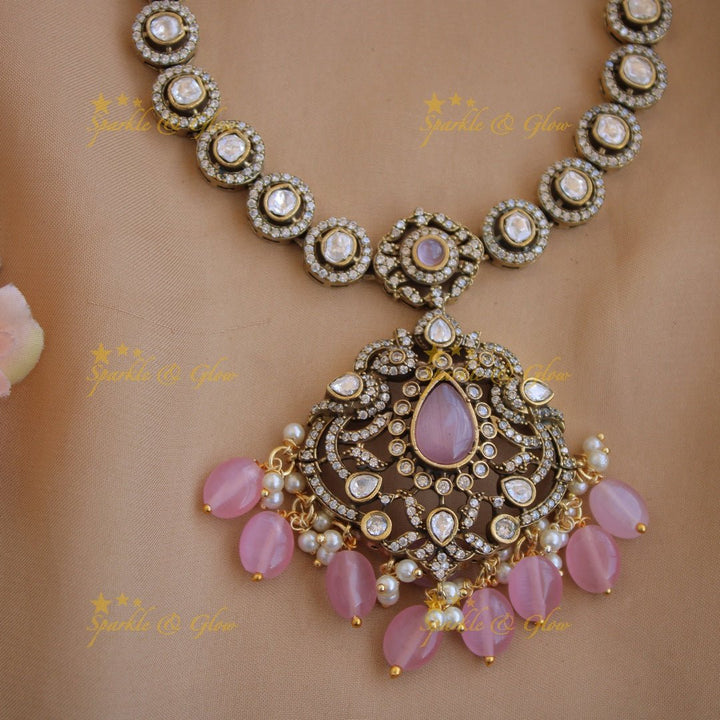 Beautiful Peacock floral pendant victorian AD short necklace with pearls and green beads - Sparkle and Glow - Babypink - Back Thread