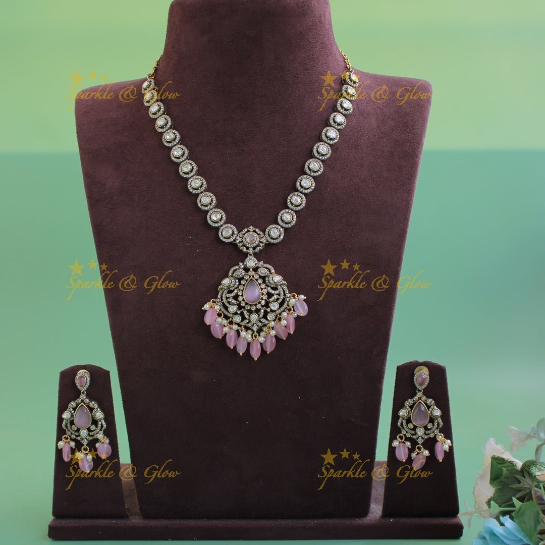 Beautiful Peacock floral pendant victorian AD short necklace with pearls and green beads - Sparkle and Glow - Purple - Back Thread