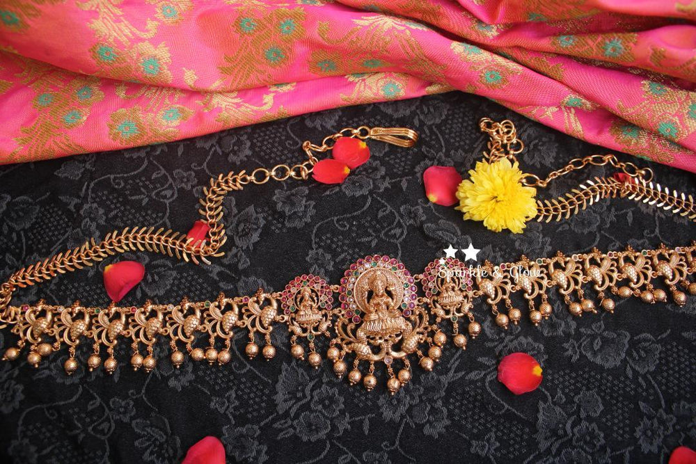 Premium quality antique polished peacock carved Lakshmi hip chain with kemp stones -Multi - Sparkle and Glow