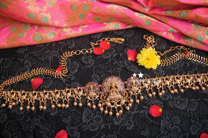 Premium quality antique polished peacock carved Lakshmi hip chain with kemp stones -Multi