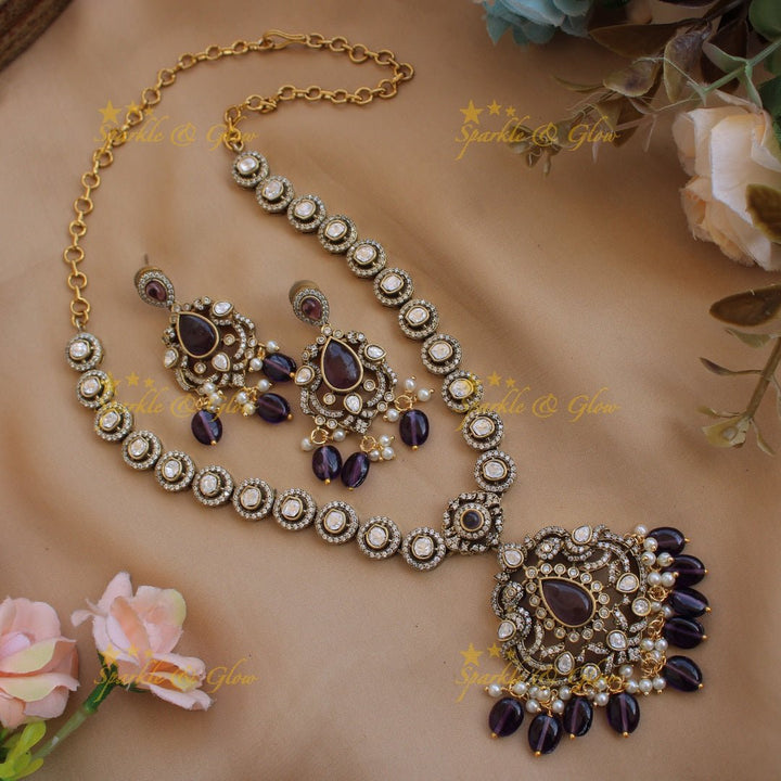 Beautiful Peacock floral pendant victorian AD short necklace with pearls and green beads - Sparkle and Glow - Green - Back Thread