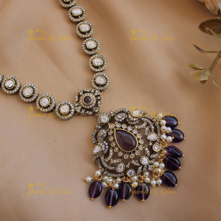Beautiful Peacock floral pendant victorian AD short necklace with pearls and green beads - Sparkle and Glow - Red - Back Thread
