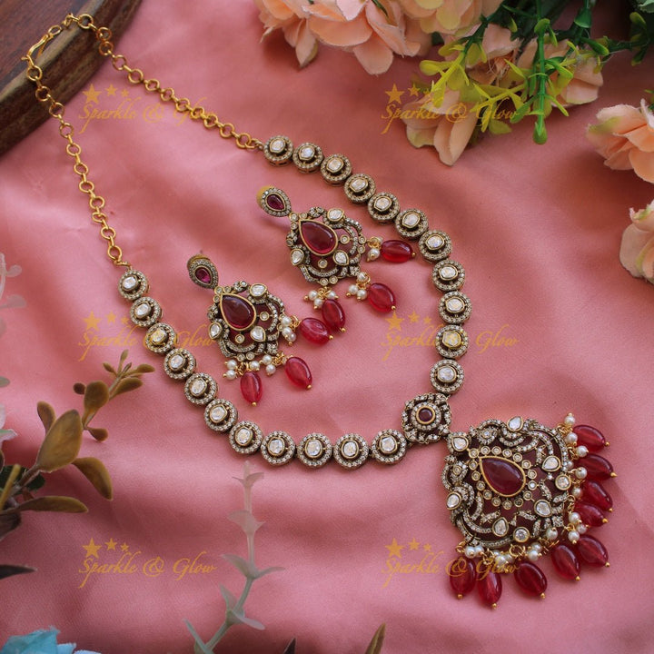 Beautiful Peacock floral pendant victorian AD short necklace with pearls and green beads - Sparkle and Glow - Red - Back Thread