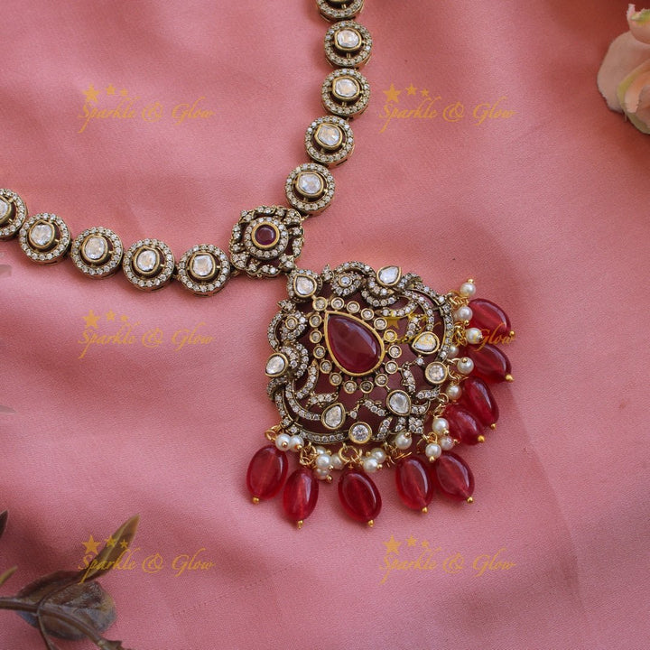 Beautiful Peacock floral pendant victorian AD short necklace with pearls and green beads - Sparkle and Glow - Purple - Back Thread