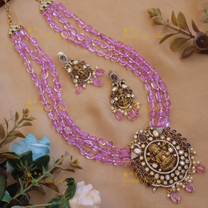 Stunning Lakshmi peacock design pendant Victorian AD haram with multi layer purple beads chain - Sparkle and Glow - Pink - Back Thread