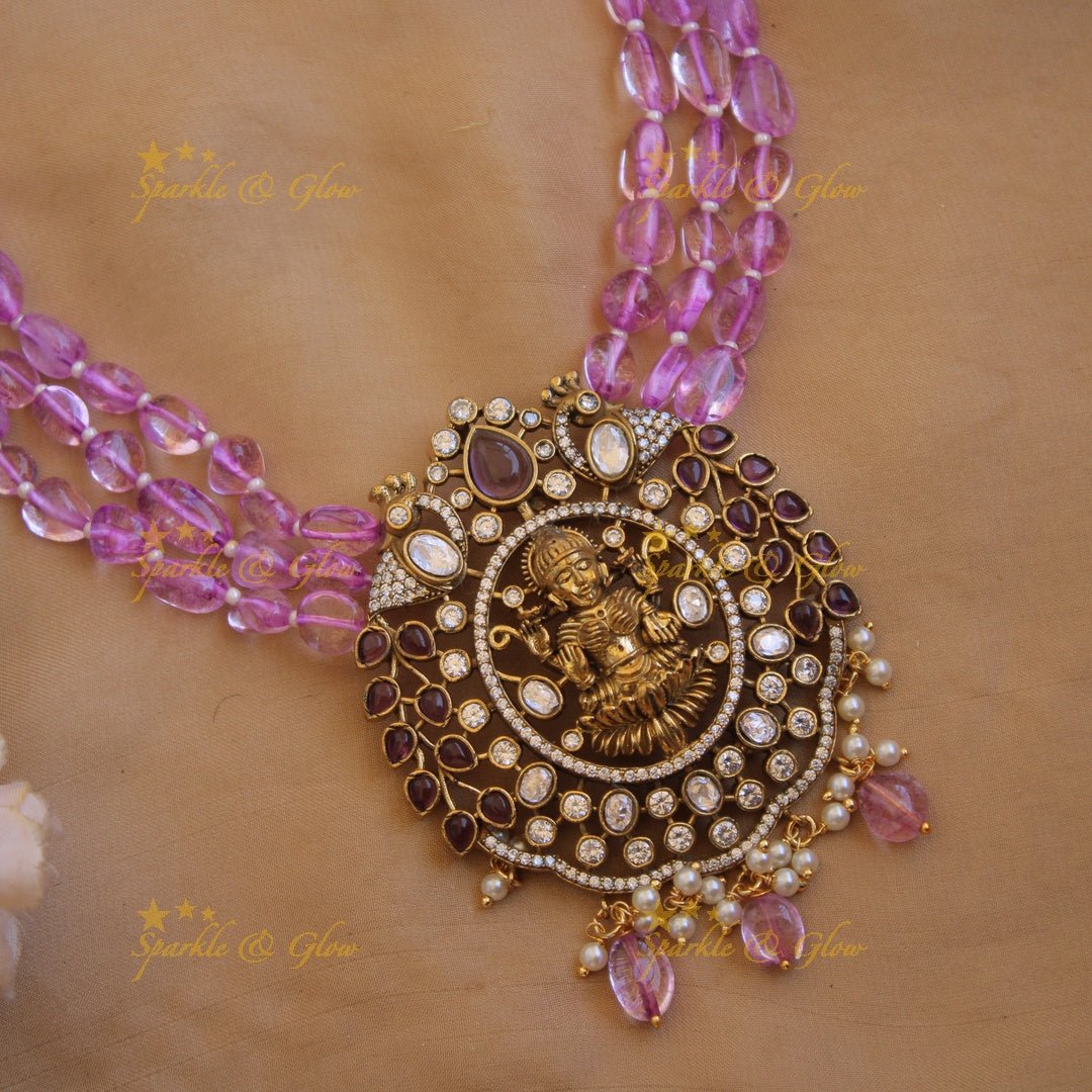 Stunning Lakshmi peacock design pendant Victorian AD haram with multi layer purple beads chain - Sparkle and Glow - Babypink - Back Thread