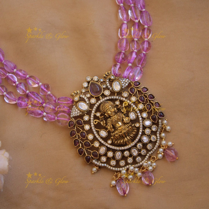 Stunning Lakshmi peacock design pendant Victorian AD haram with multi layer purple beads chain - Sparkle and Glow - Babypink - Back Thread
