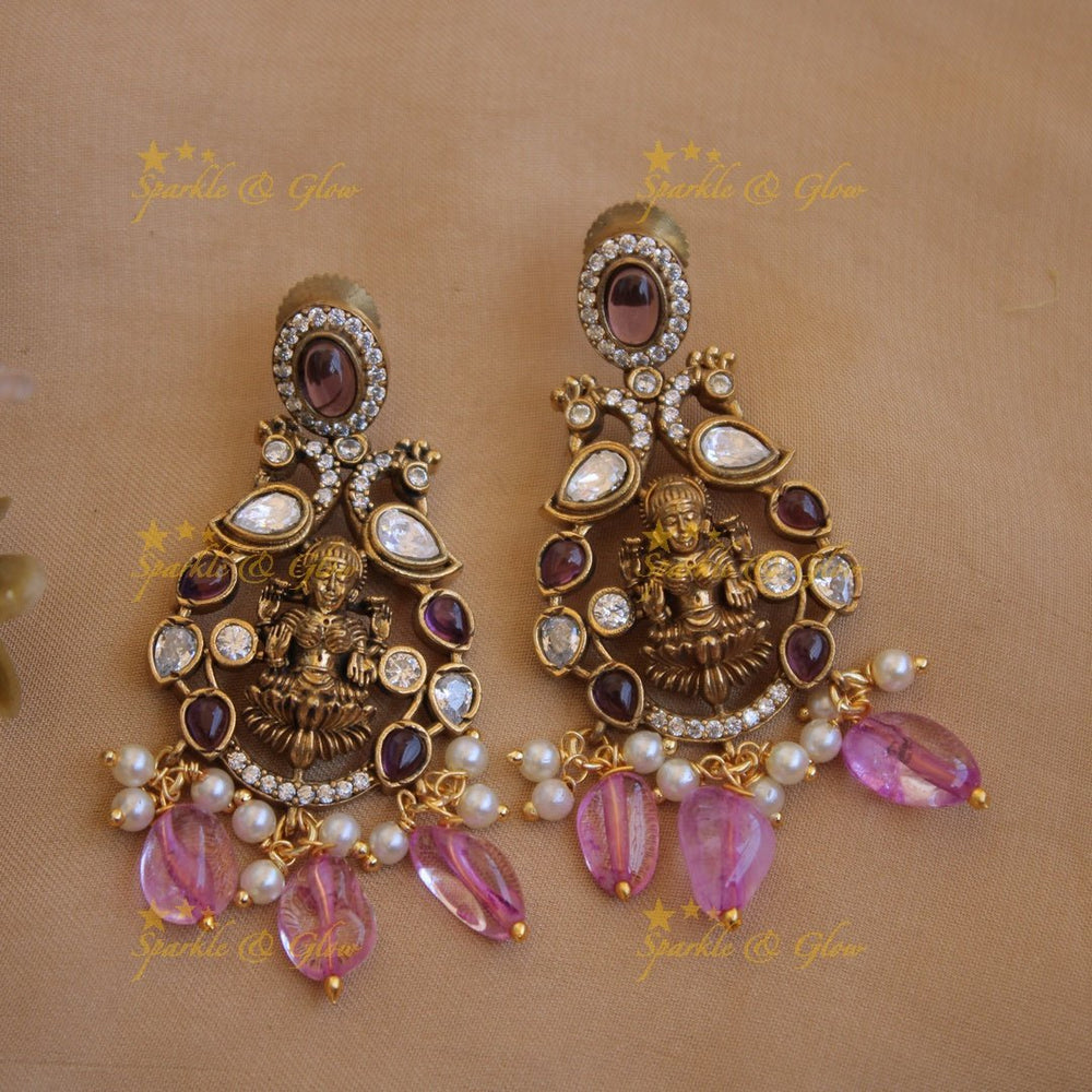 Stunning Lakshmi peacock design pendant Victorian AD haram with multi layer purple beads chain - Sparkle and Glow - Purple - Back Thread