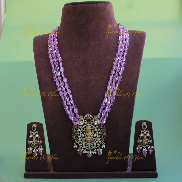 Stunning Lakshmi peacock design pendant Victorian AD haram with multi layer purple beads chain - Sparkle and Glow - Purple - Back Thread