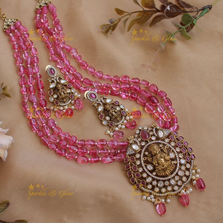 Stunning Lakshmi peacock design pendant Victorian AD haram with multi layer purple beads chain - Sparkle and Glow - Purple - Back Thread