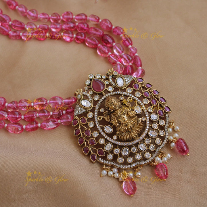 Stunning Lakshmi peacock design pendant Victorian AD haram with multi layer purple beads chain - Sparkle and Glow - Pink - Back Thread