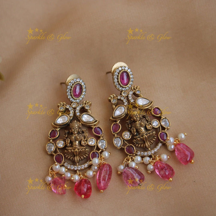 Stunning Lakshmi peacock design pendant Victorian AD haram with multi layer purple beads chain - Sparkle and Glow - Pink - Back Thread