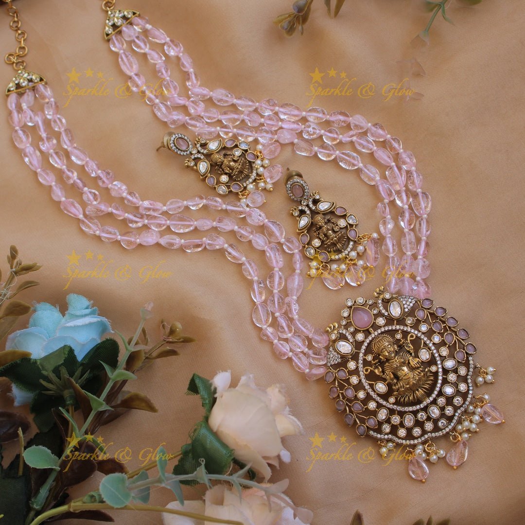 Stunning Lakshmi peacock design pendant Victorian AD haram with multi layer purple beads chain - Sparkle and Glow - Purple - Back Thread