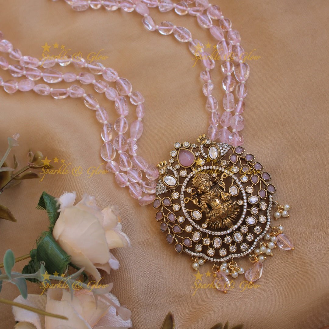 Stunning Lakshmi peacock design pendant Victorian AD haram with multi layer purple beads chain - Sparkle and Glow - Babypink - Back Thread
