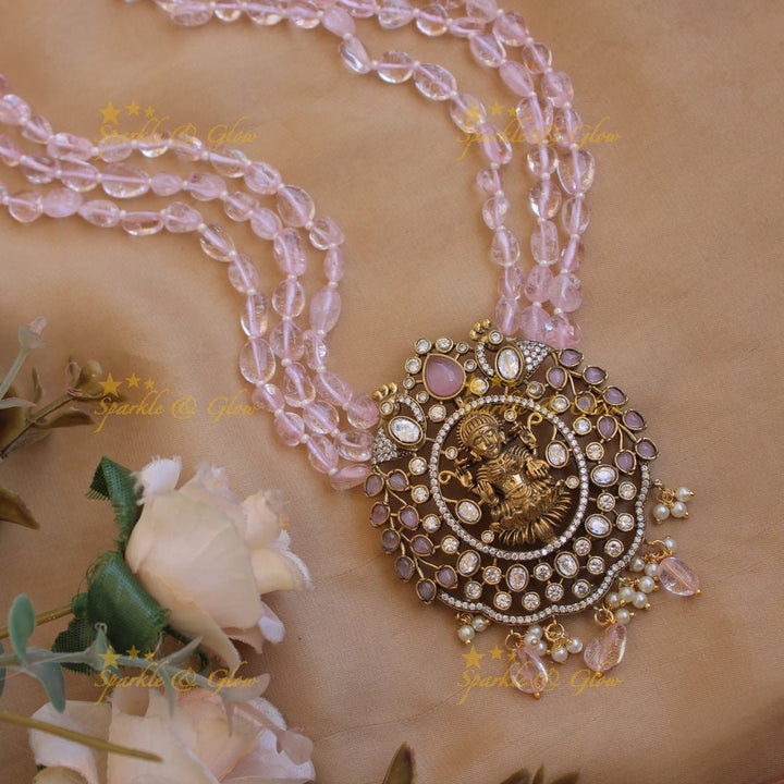 Stunning Lakshmi peacock design pendant Victorian AD haram with multi layer purple beads chain - Sparkle and Glow - Babypink - Back Thread