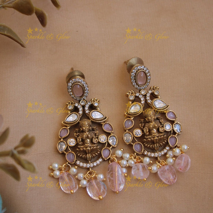 Stunning Lakshmi peacock design pendant Victorian AD haram with multi layer purple beads chain - Sparkle and Glow - Babypink - Back Thread