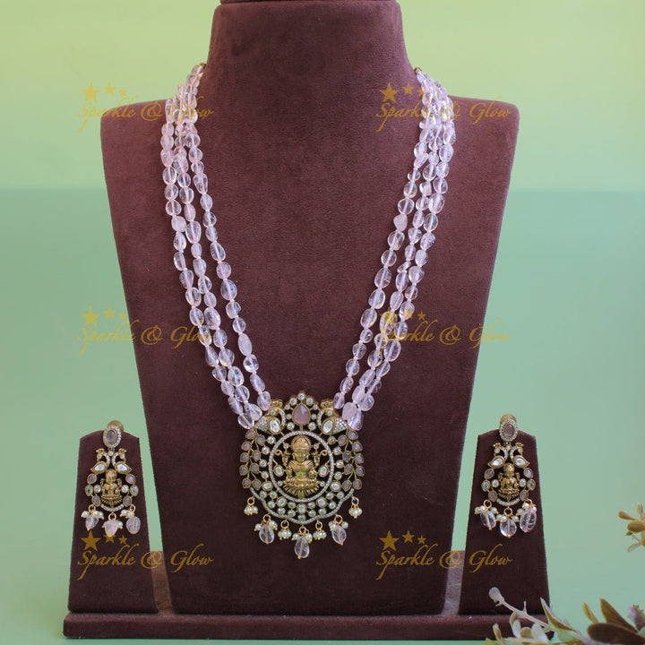 Stunning Lakshmi peacock design pendant Victorian AD haram with multi layer purple beads chain - Sparkle and Glow - Babypink - Back Thread