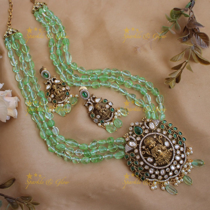 Stunning Lakshmi peacock design pendant Victorian AD haram with multi layer purple beads chain - Sparkle and Glow - Purple - Back Thread