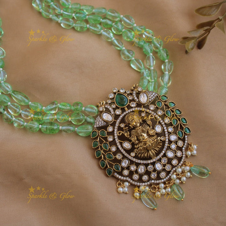 Stunning Lakshmi peacock design pendant Victorian AD haram with multi layer purple beads chain - Sparkle and Glow - Purple - Back Thread