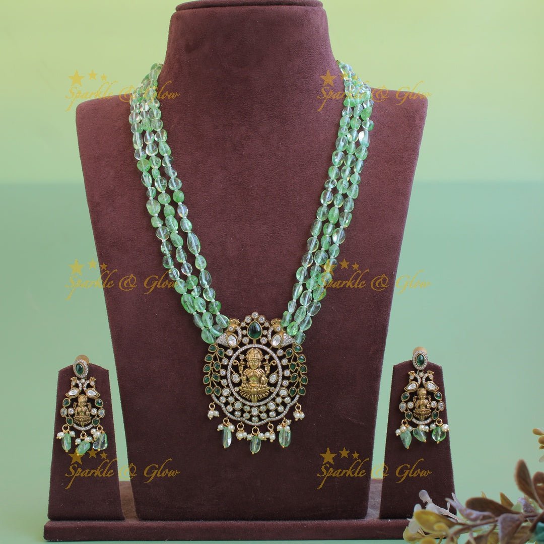Stunning Lakshmi peacock design pendant Victorian AD haram with multi layer purple beads chain - Sparkle and Glow - Babypink - Back Thread