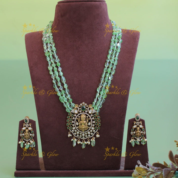 Stunning Lakshmi peacock design pendant Victorian AD haram with multi layer purple beads chain - Sparkle and Glow - Babypink - Back Thread