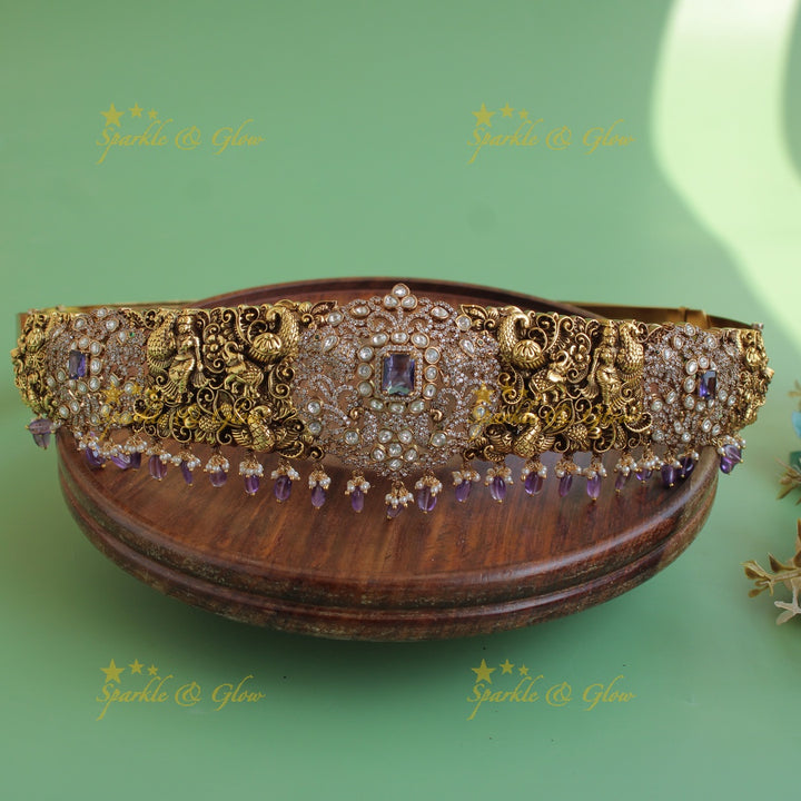 Grand intricate Peacock elephant carved dual tone victorian ad hipbelt with purple beads and stones