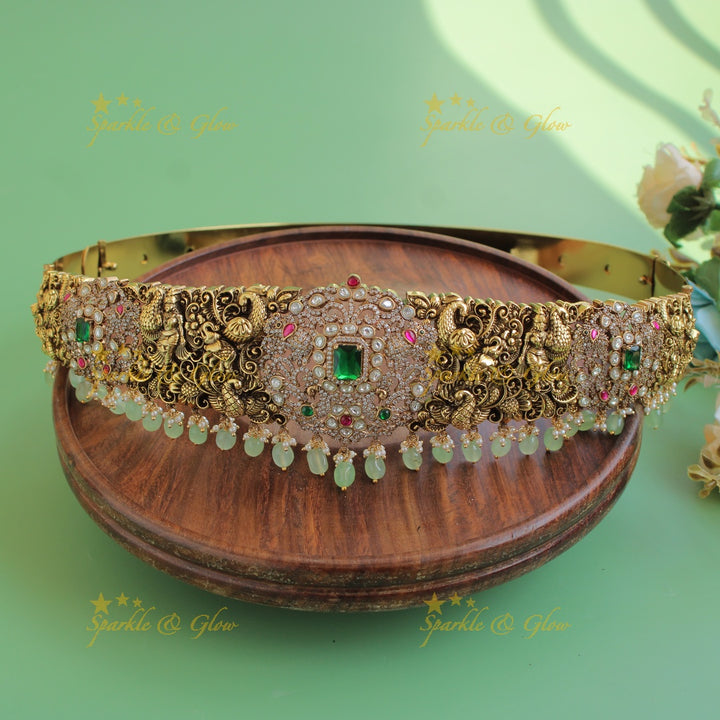 Grand intricate Peacock elephant carved dual tone victorian ad hipbelt with purple beads and stones