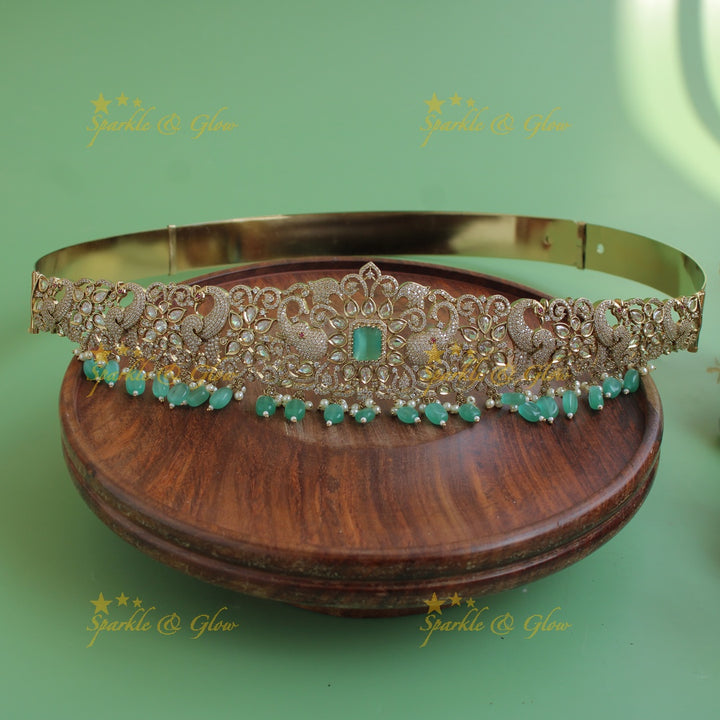Elegant Peacock elephant carved gold finish victorian ad hipbelt with mint green beads and stones