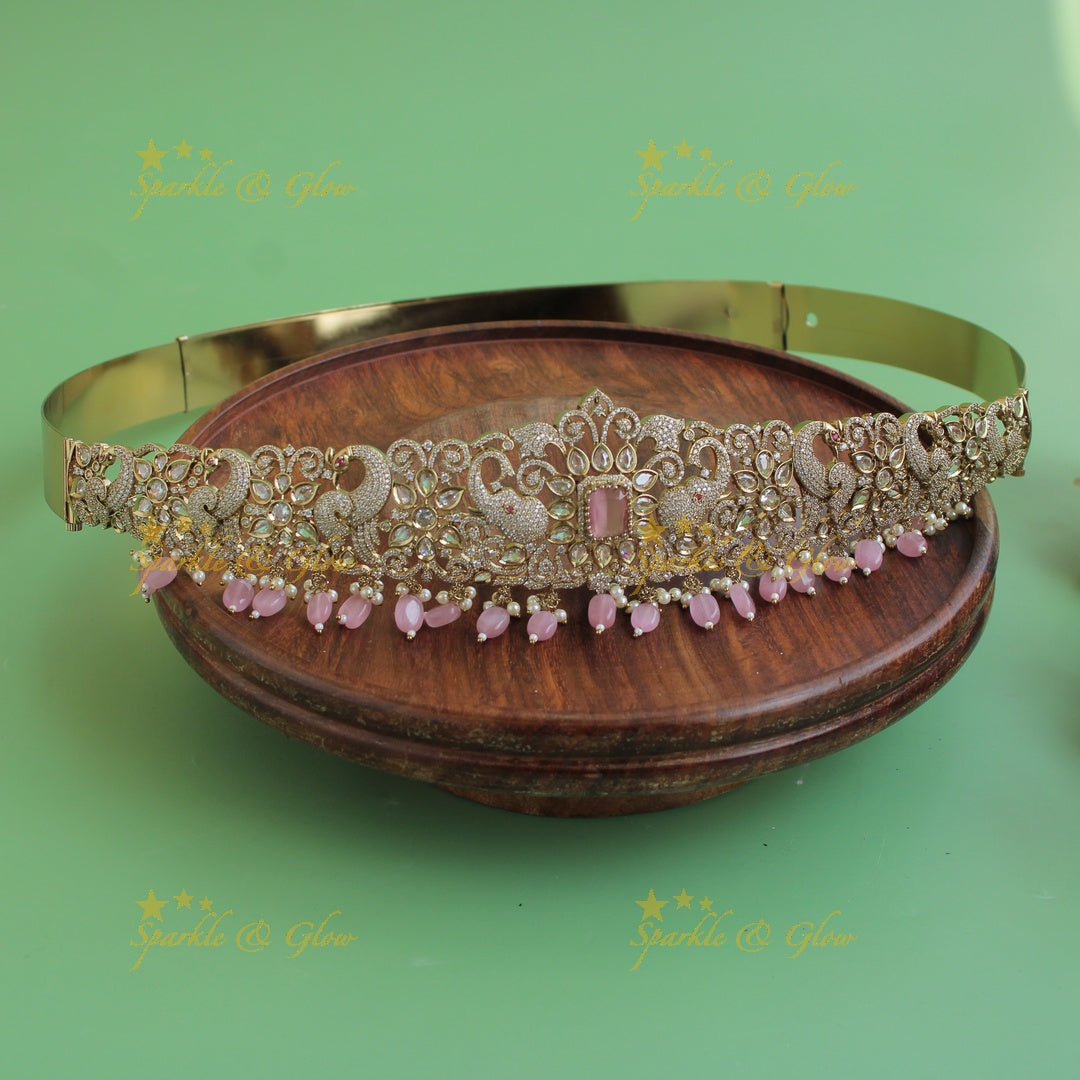 Elegant Peacock elephant carved gold finish victorian ad hipbelt with mint green beads and stones