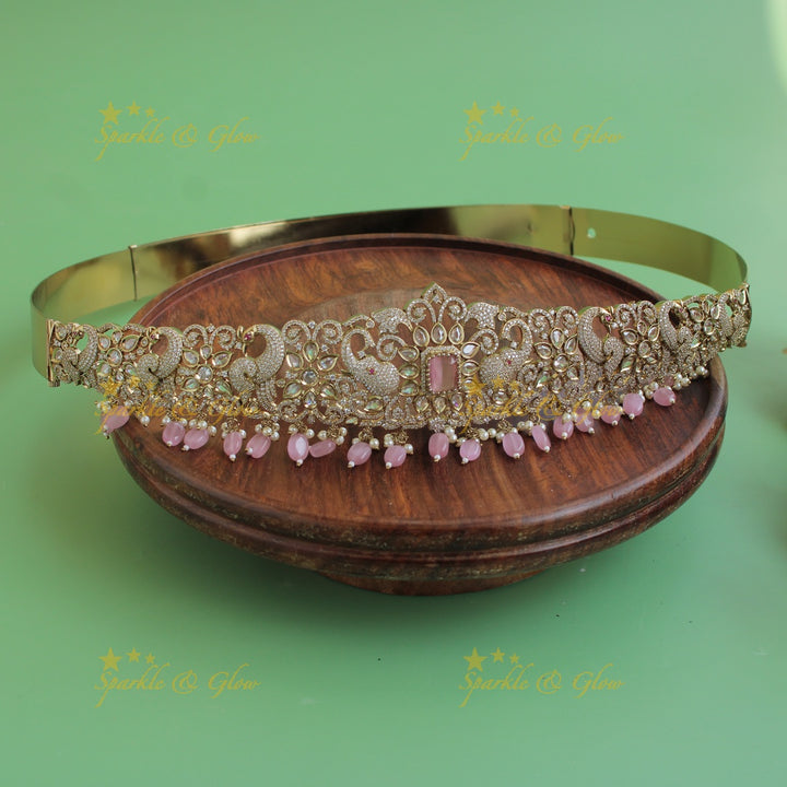 Elegant Peacock elephant carved gold finish victorian ad hipbelt with mint green beads and stones