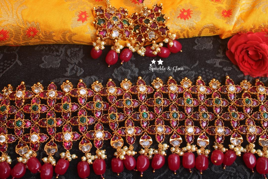 Real kemp stones gold alike gutta pusalu high neck choker - Pink Beads - Sparkle and Glow