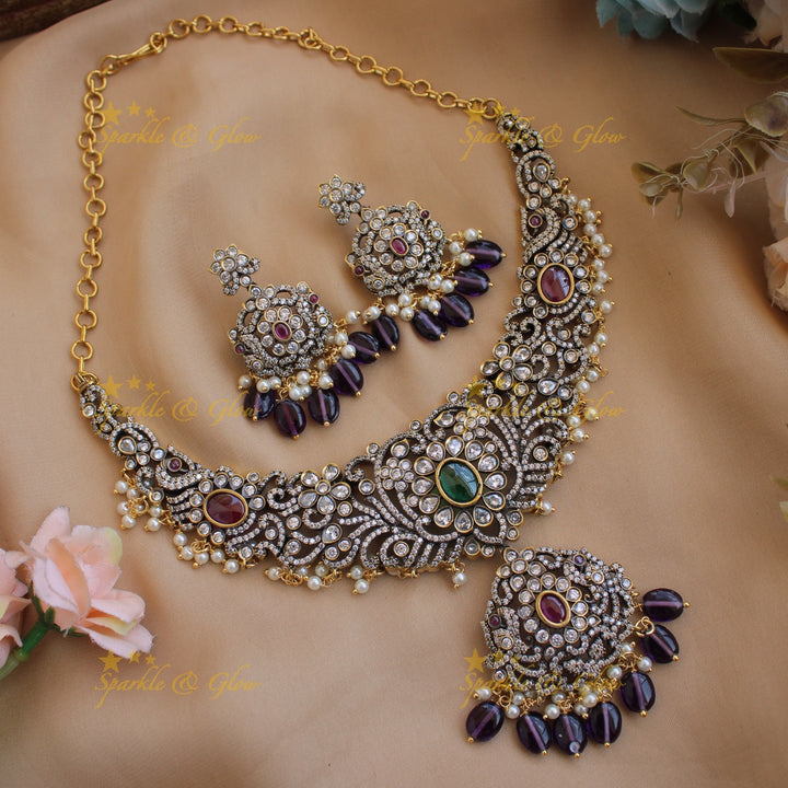 Gorgeous Floral peacock victorian AD short necklace with pearls and purple beads