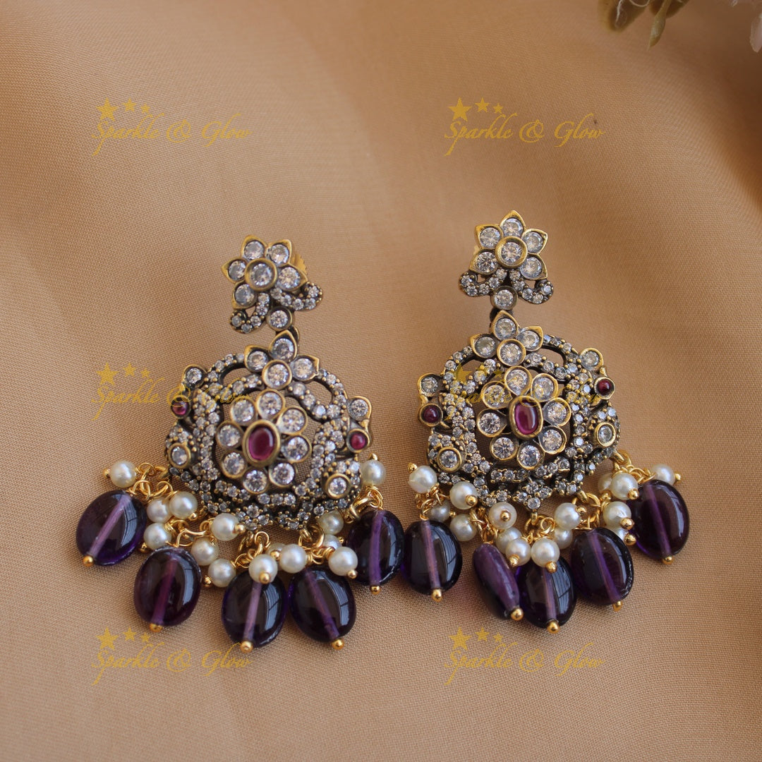 Gorgeous Floral peacock victorian AD short necklace with pearls and purple beads